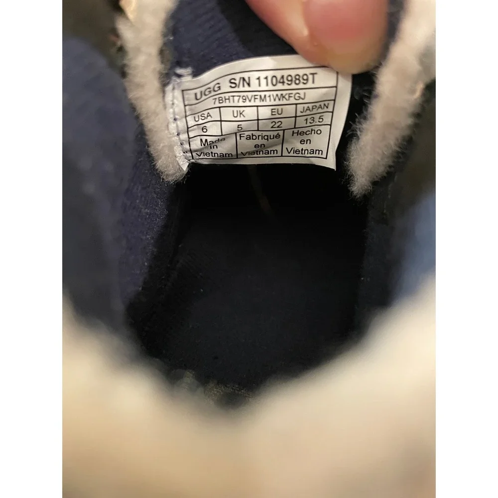 UGG Kids Rennon II Black Blue Leather‎ Suede Sherpa Lined Hook Loop Boots Kids 6